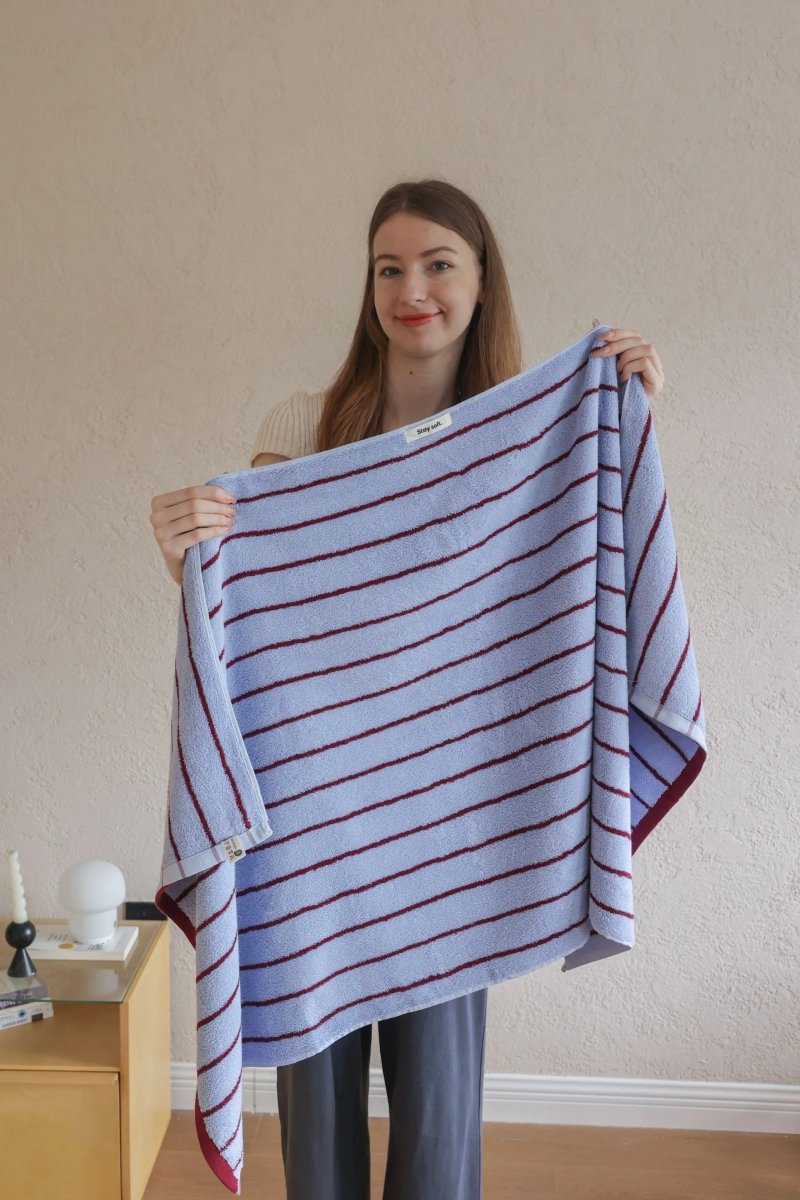 Modern Misty Blue Stripe Bath Towel — 100% Long-Staple Cotton, Soft, Plush & Absorbent